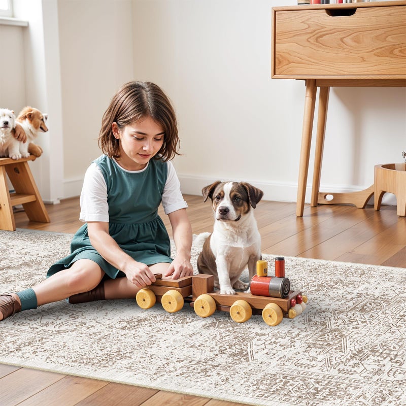 EISUROM Washable 2'6''x16' Runner Rug - Non-Slip Vintage Runner Rug for Entryway Low-Pile Medallion Long Rugs for Hallway Waterproof Traditional Runner Rugs Indoor Thin Rug for Kitchen (Cream/Beige) - Image 4