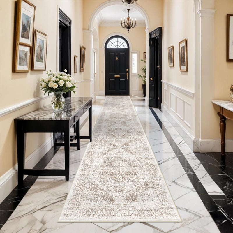 EISUROM Washable 2'6''x16' Runner Rug - Non-Slip Vintage Runner Rug for Entryway Low-Pile Medallion Long Rugs for Hallway Waterproof Traditional Runner Rugs Indoor Thin Rug for Kitchen (Cream/Beige) - Image 1