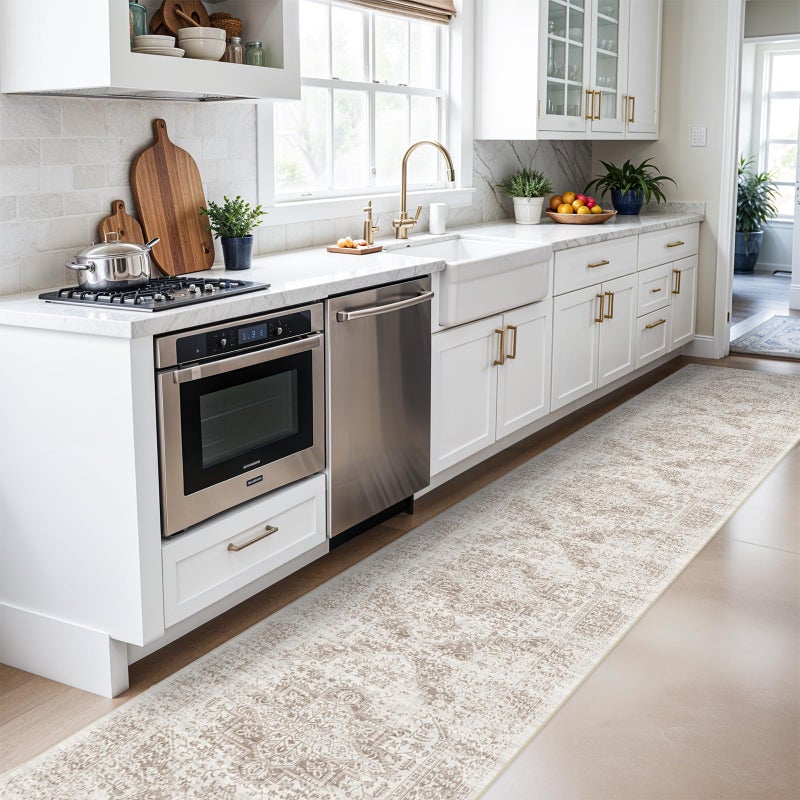 EISUROM Washable 2'6''x16' Runner Rug - Non-Slip Vintage Runner Rug for Entryway Low-Pile Medallion Long Rugs for Hallway Waterproof Traditional Runner Rugs Indoor Thin Rug for Kitchen (Cream/Beige) - Image 2