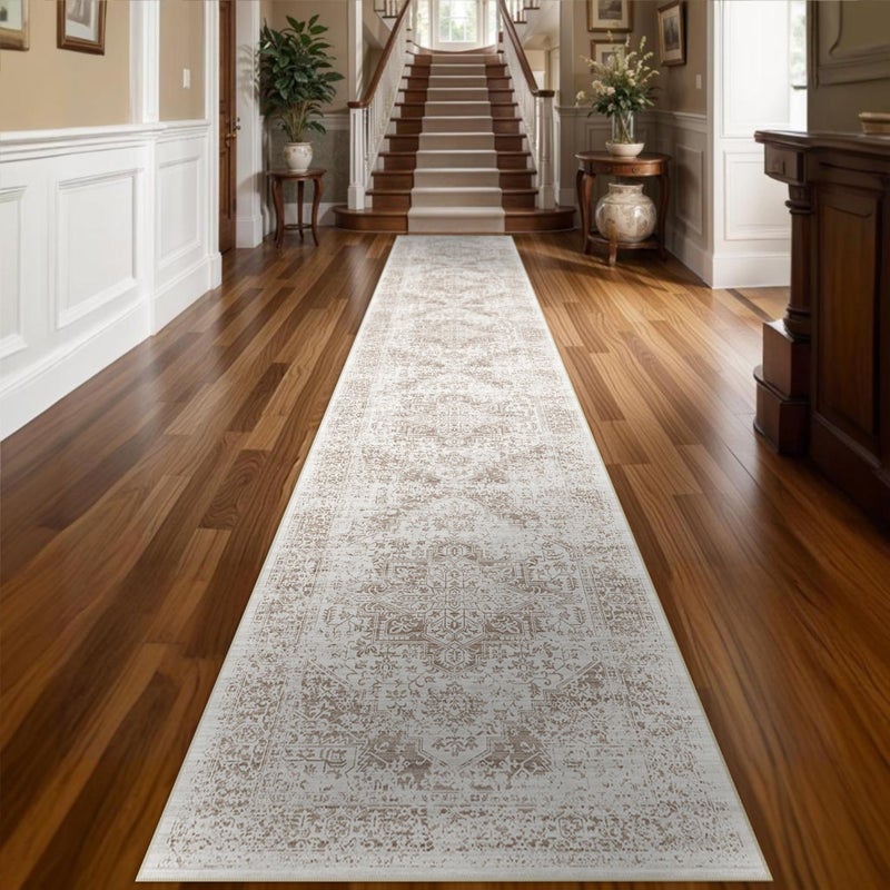 EISUROM Washable 2'6''x16' Runner Rug - Non-Slip Vintage Runner Rug for Entryway Low-Pile Medallion Long Rugs for Hallway Waterproof Traditional Runner Rugs Indoor Thin Rug for Kitchen (Cream/Beige) - Image 3