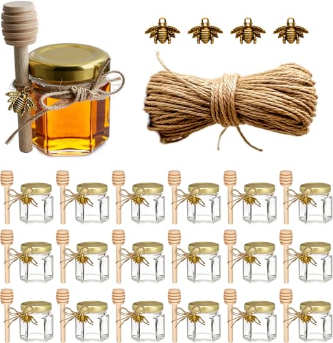 Mini Honey Jars  Hexagon Little Glass Honey Jar with Gold Lids Wooden Dippers Bee Charms and Jutes  Small Honey Jars for Baby Showers 20Pack