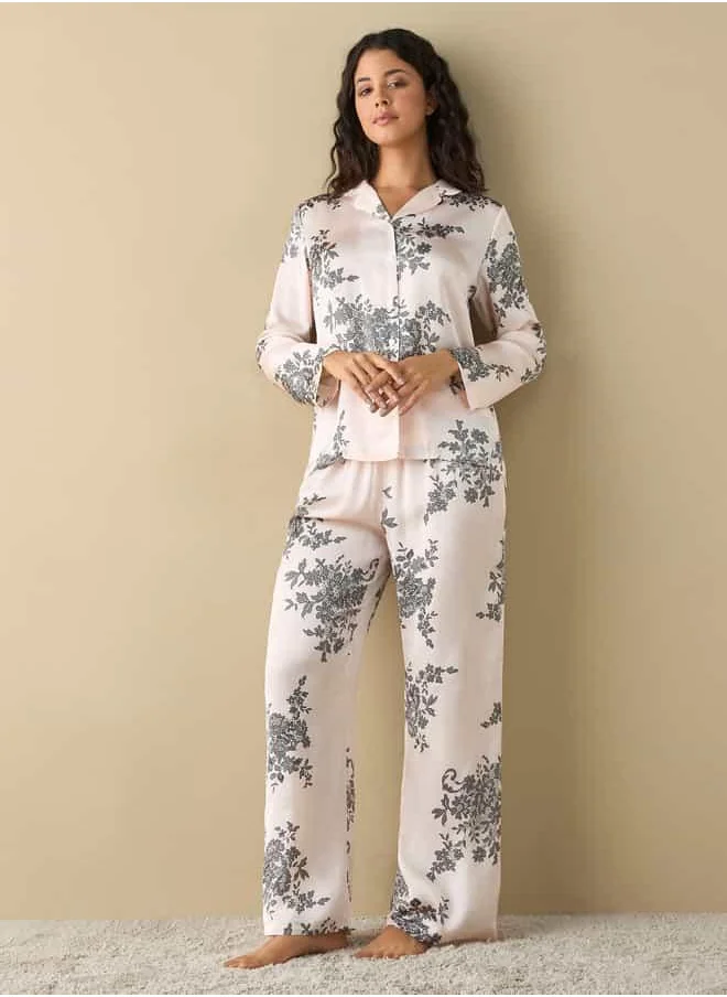 FAV All-Over Floral Print Notched Collar Shirt and Pyjama Set