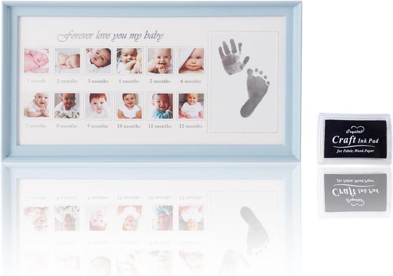 Tazweeq Baby First Year Photo Frame with Ink Pad - 0-12 Month Picture Frame for Newborns (Blue) - Image 1