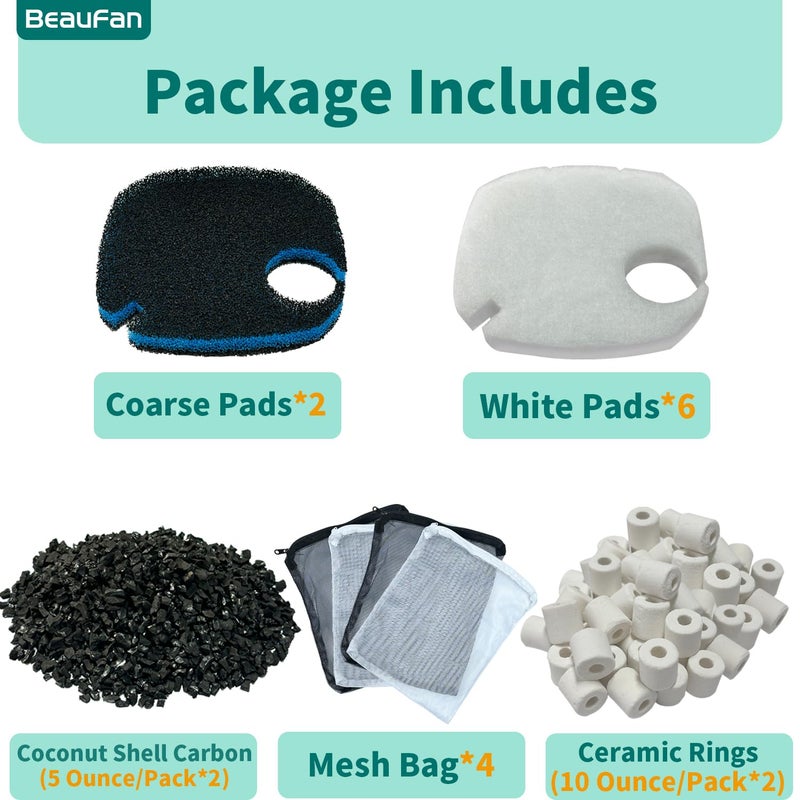 beaufan 16 Pcs Fit AMOSIJOY 172/225/265GPH/264GPH Aquarium External Filter and Coospider-repta Aquarium Filter, 6 White Floss, 2 Coarse Filter Pads, 2 Coconut Shell Carbon, 2 Ceramic Rings&4 Bag - Image 4
