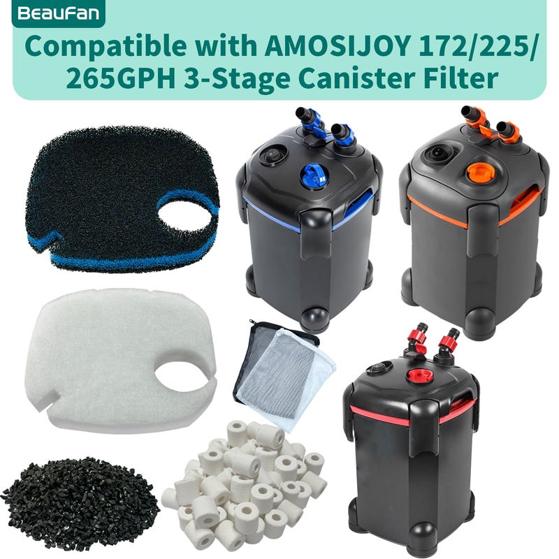 beaufan 16 Pcs Fit AMOSIJOY 172/225/265GPH/264GPH Aquarium External Filter and Coospider-repta Aquarium Filter, 6 White Floss, 2 Coarse Filter Pads, 2 Coconut Shell Carbon, 2 Ceramic Rings&4 Bag - Image 2