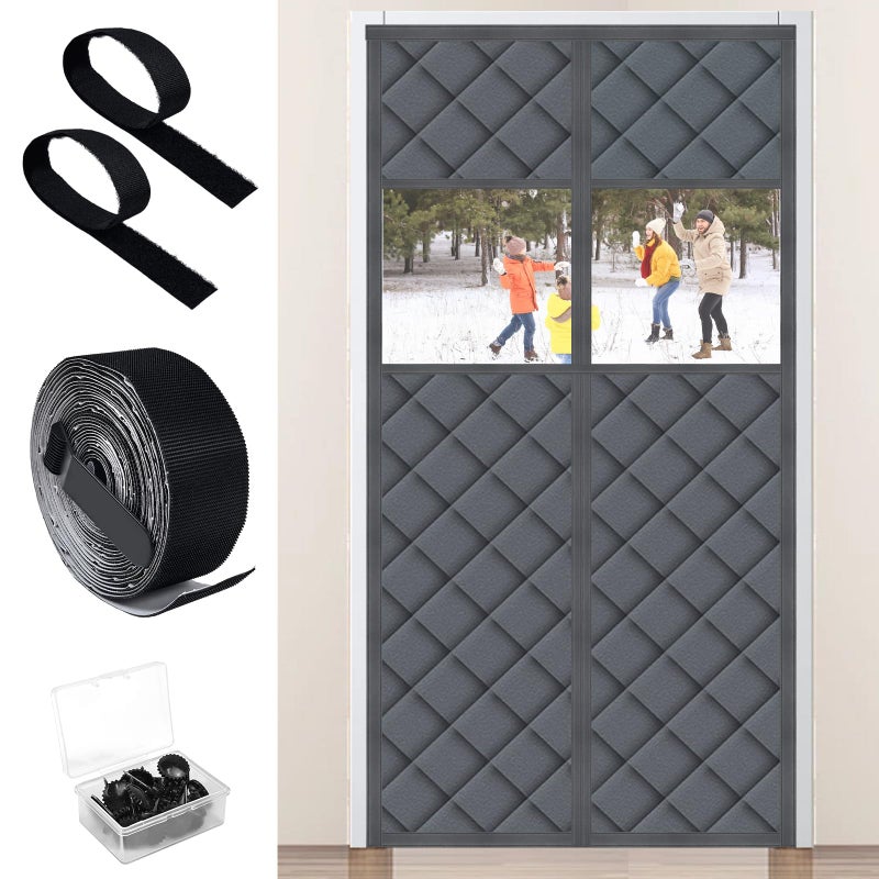 Foxtell Visible Magnetic Thermal Insulated Door Curtain, Fit 36â€ x 80â€ Door Cover Curtain with Window, Magnetic Winter Door Curtain Sound Proof Curtain for Doorway Weatherproof Thermal Door Curtains - Image 1