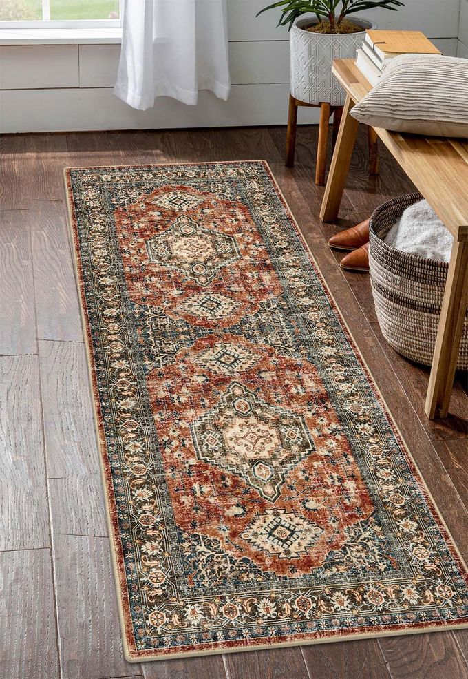 Lahome Oriental Washable Kitchen Runner Rug, 2x6 Carpet Runners for Hallway 6ft Non Skid, Vintage Soft Hallway Rug for Bathroom Bedroom Entryway Eleanor, Brick Red