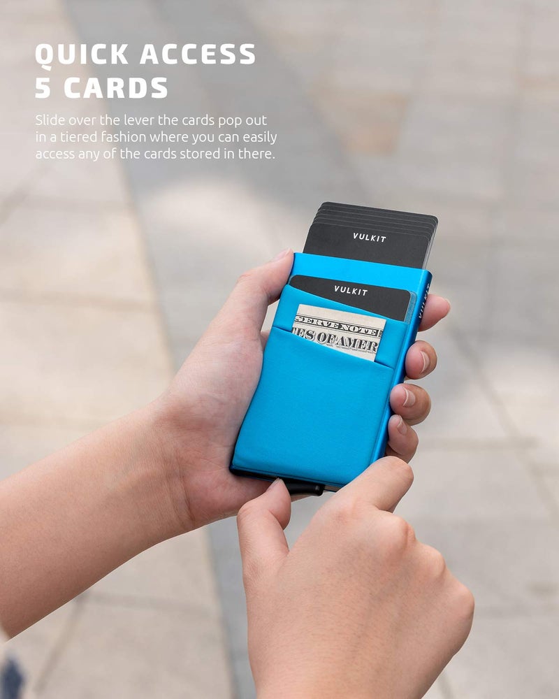 VULKIT VULKIT Card Holder with Money Pocket Pop Up Wallet RFID Blocking Slim Metal Bank Card Case Holds 5 Cards and Notes(Blue)  - Image 2
