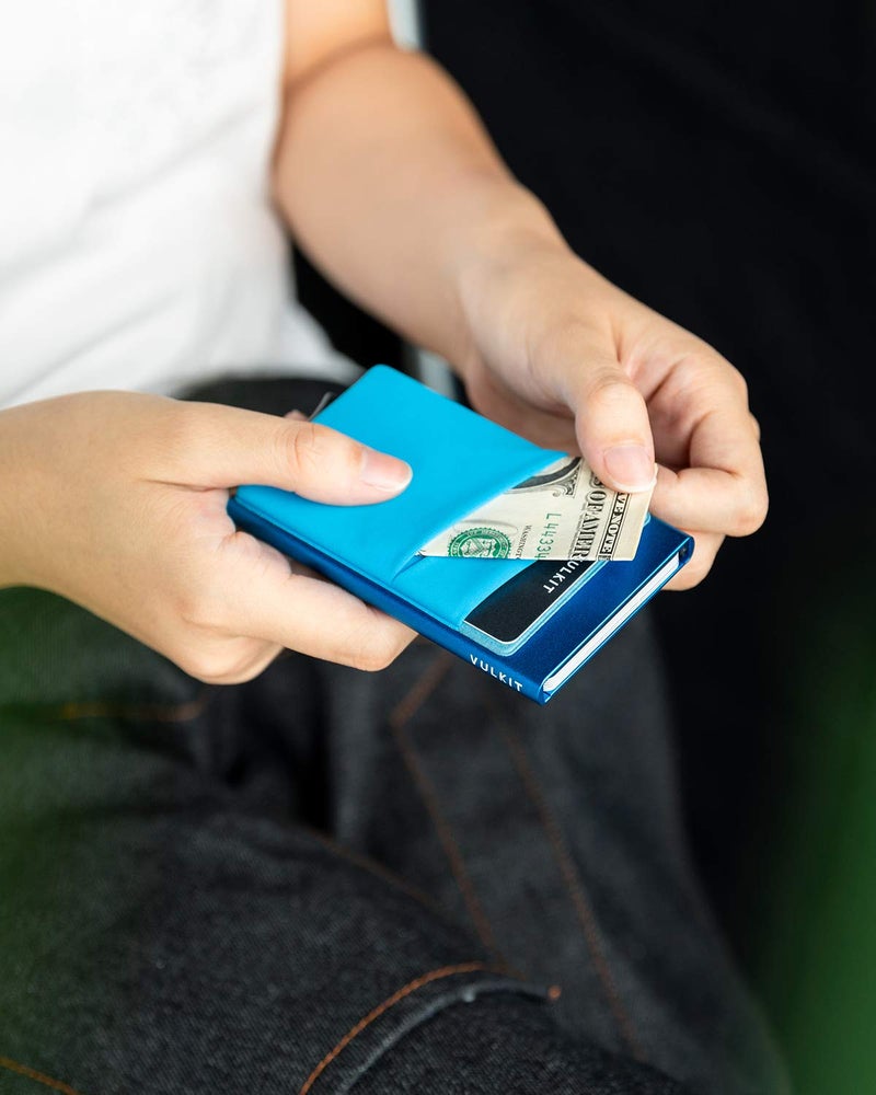 VULKIT VULKIT Card Holder with Money Pocket Pop Up Wallet RFID Blocking Slim Metal Bank Card Case Holds 5 Cards and Notes(Blue)  - Image 4
