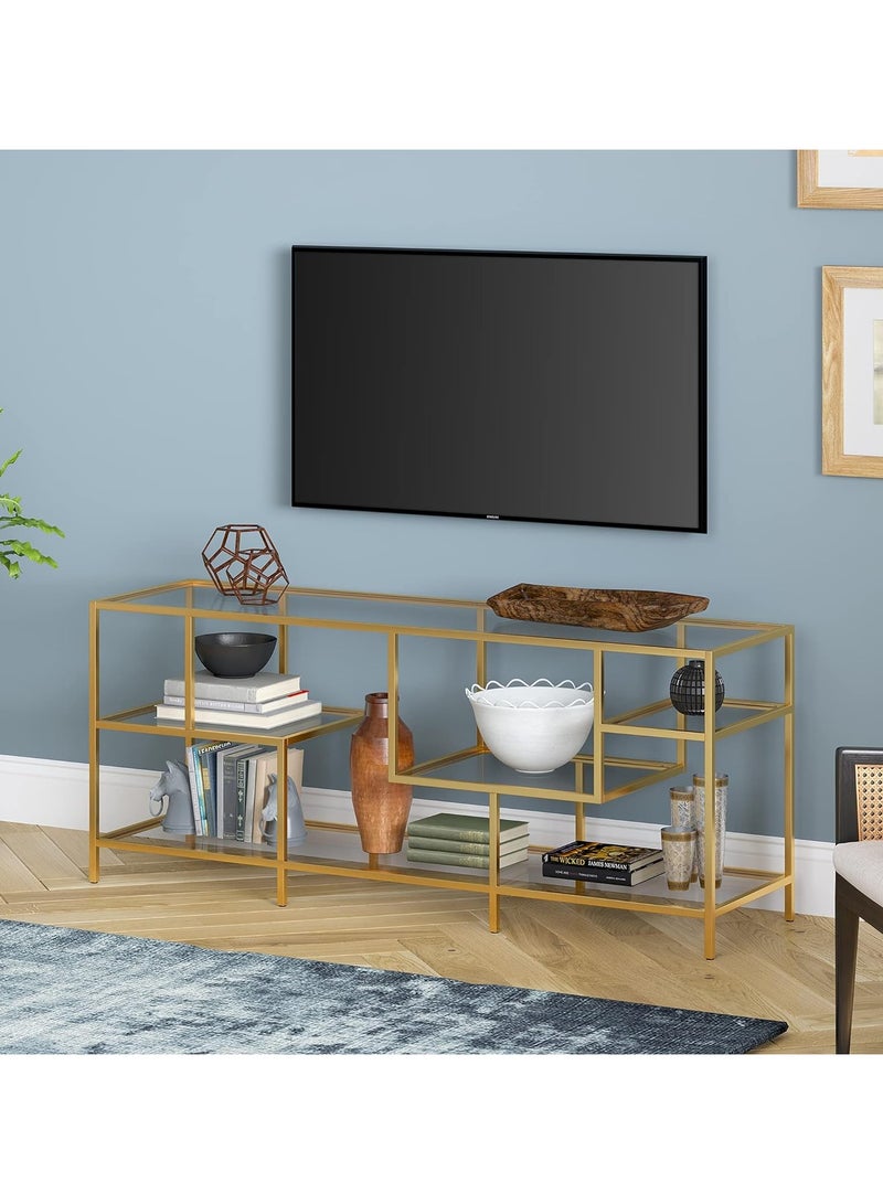 LINGWEI Pre Assembled Gold Metal Frame and Glass TV Stand Sleek Entertainment Center Stylish and Multifunctional TV Unit Television Stand Modern TV Table TV Bench - Image 1