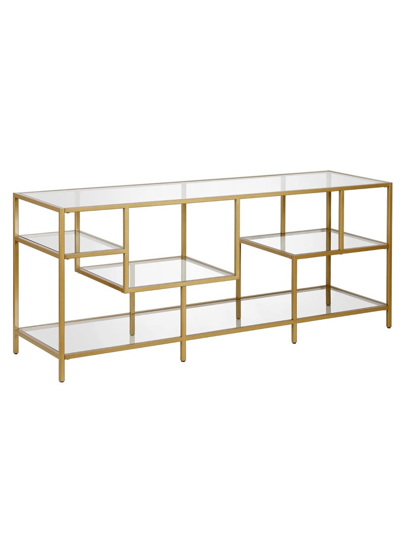 LINGWEI Pre Assembled Gold Metal Frame and Glass TV Stand Sleek Entertainment Center Stylish and Multifunctional TV Unit Television Stand Modern TV Table TV Bench - Image 2