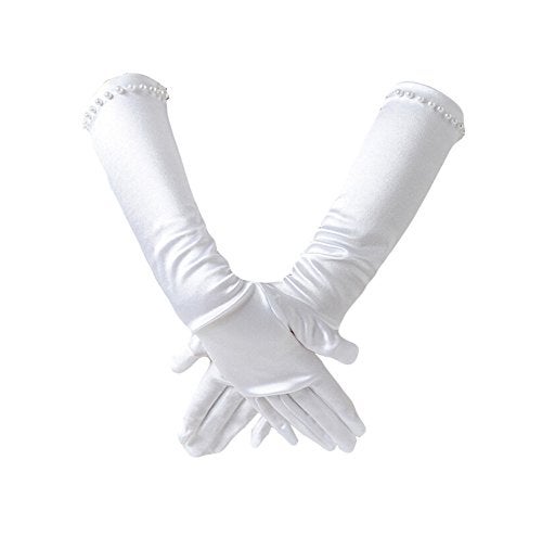 PURFUN Kids Girls Princess Pearl Long Satin Gloves for 6-10yrs - First Communion, Prom, Birthday, Wedding, Halloween Costume Gloves - White - Image 1
