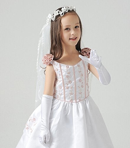 PURFUN Kids Girls Princess Pearl Long Satin Gloves for 6-10yrs - First Communion, Prom, Birthday, Wedding, Halloween Costume Gloves - White - Image 4