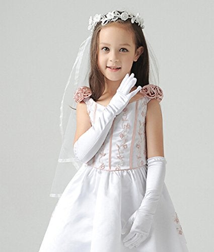PURFUN Kids Girls Princess Pearl Long Satin Gloves for 6-10yrs - First Communion, Prom, Birthday, Wedding, Halloween Costume Gloves - White - Image 3