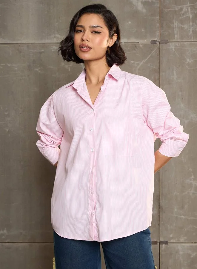 Sassafras Pink and White Striped Oversized Buttoned Shirt