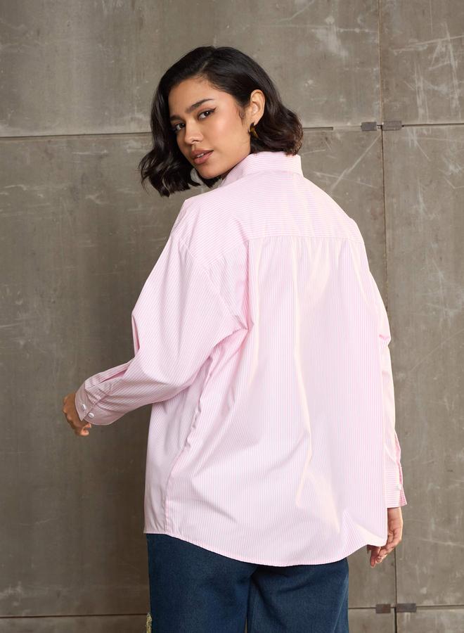 Sassafras Pink and White Striped Oversized Buttoned Shirt - Image 5