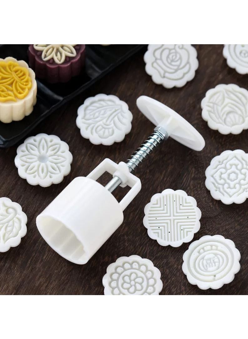 DubaiGallery 3D Rose Flowers Mooncake Cookie Mold Cutter Pastry DIY Baking Tool 1 Barrel+6 Stamps Set Hand Pressure Cake Mould, White - Image 4