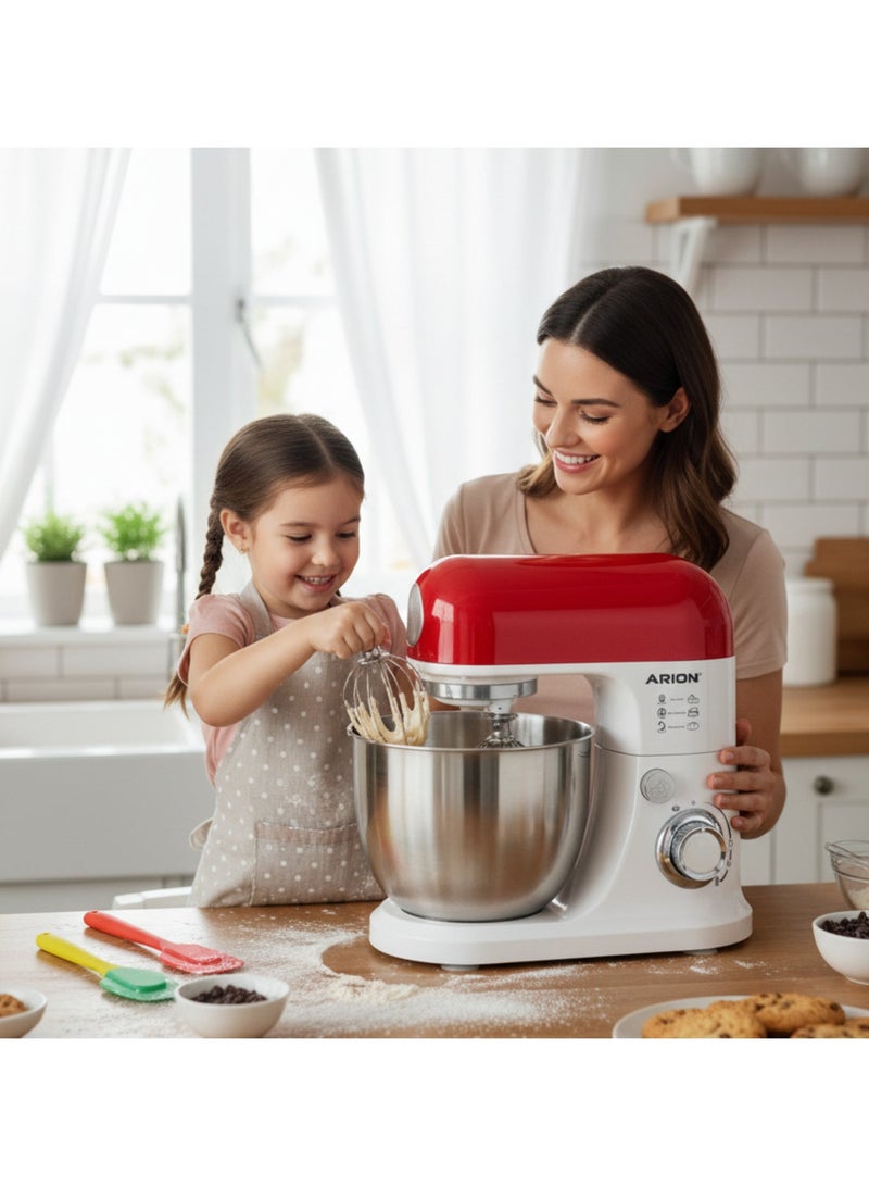 أريون عجان الاحترافي (1500 واط) | وعاء 5 لتر من الفولاذ المقاوم للصدأ | حركة خلط كوكبية | تروس معدنية متينة | أحمر/فضي - Image 2