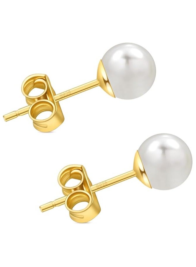 Hain 6MM Freshwater Pearl Stud Earrings for Women, Hypoallergenic 18K Gold Vermeil Earrings Studs with Genuine Round White Pearls  - Image 1