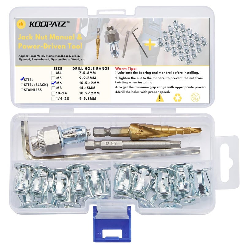KOOPATZ M6 Jack Nut with Installation Tool Threaded Insert Petal Nuts Nutserts Jacknut Srew Anchor Spider Rivnut Blind for Plastic Polywood Pressboard Hardboard Thin Board Hollow Wall - Image 1