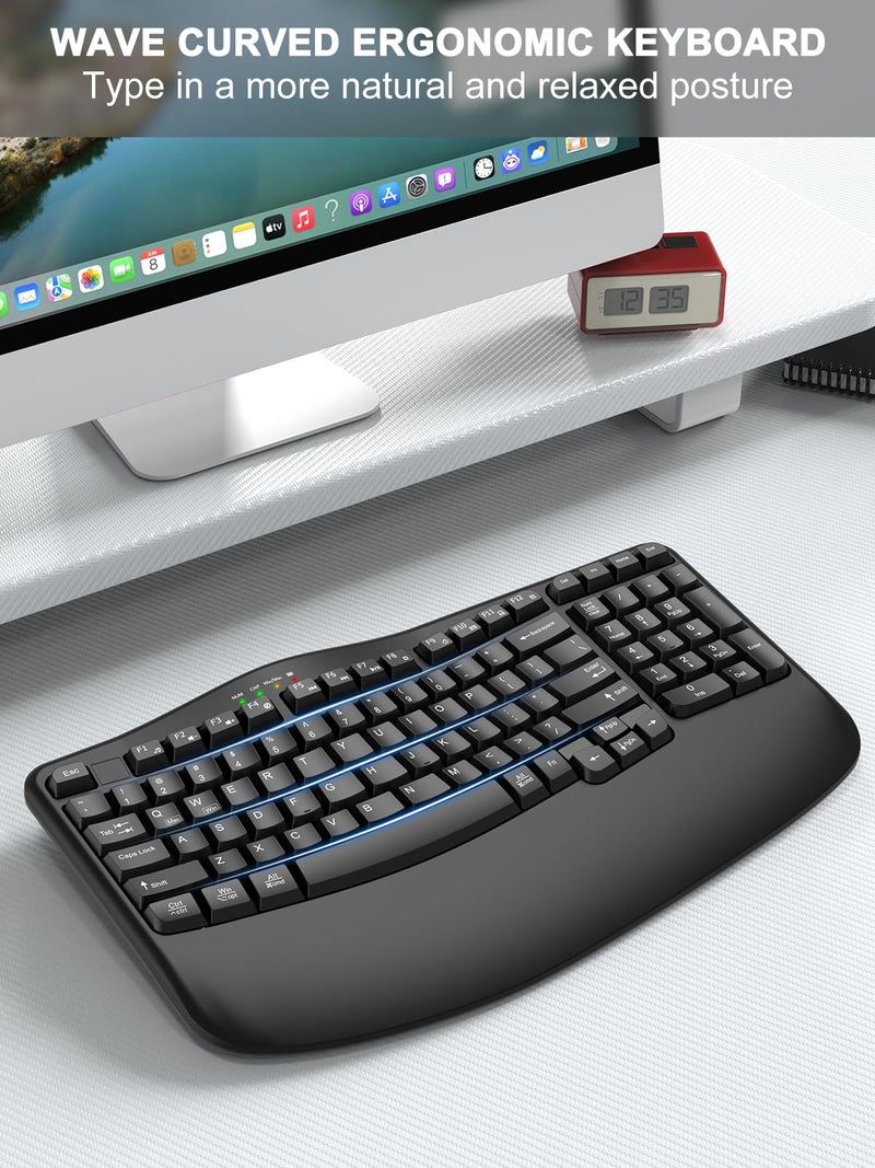 EDJO Ergonomic Wireless Keyboard with Wrist Rest, Wave Keys, Comfortable Natural Typing, 2.4GHz Ergo Wireless USB Computer Keyboard for Large Hands, Windows, Mac, Laptop, PC - Image 2