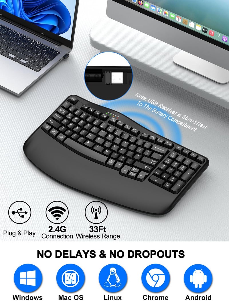 EDJO Ergonomic Wireless Keyboard with Wrist Rest, Wave Keys, Comfortable Natural Typing, 2.4GHz Ergo Wireless USB Computer Keyboard for Large Hands, Windows, Mac, Laptop, PC - Image 5