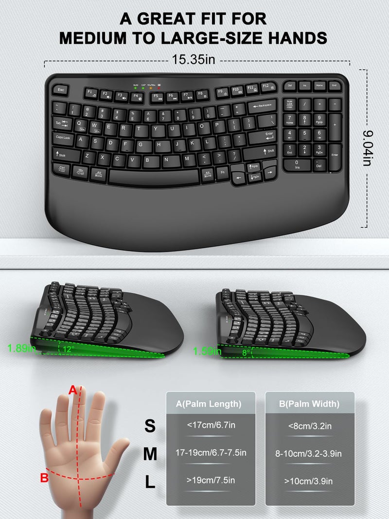 EDJO Ergonomic Wireless Keyboard with Wrist Rest, Wave Keys, Comfortable Natural Typing, 2.4GHz Ergo Wireless USB Computer Keyboard for Large Hands, Windows, Mac, Laptop, PC - Image 3