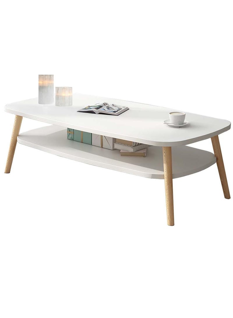 شويوين طاولة جانبية للقهوة على الطراز الشمالي، طاولة خشبية، طاولة قهوة خشبية بيضاوية، طاولة قهوة من طبقتين مع أرفف مفتوحة 120*58*42 سم - Image 1