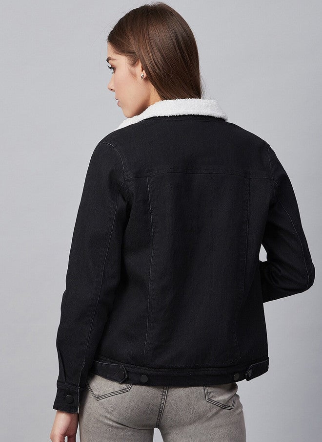 StyleStone Women's Black Denim Jacket with Soft Warm Faux Fur Lining - Image 5