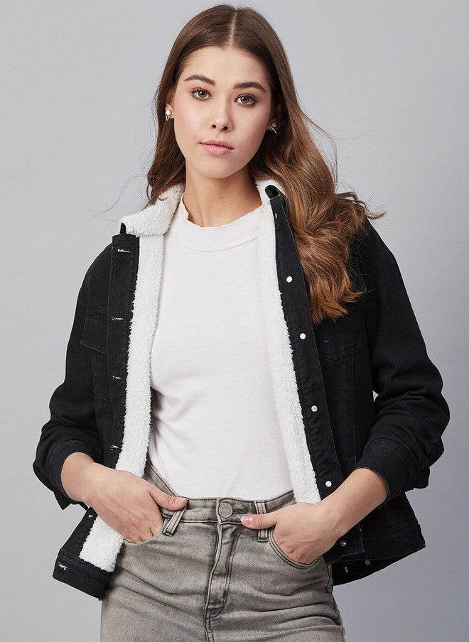 StyleStone Women's Black Denim Jacket with Soft Warm Faux Fur Lining - Image 1