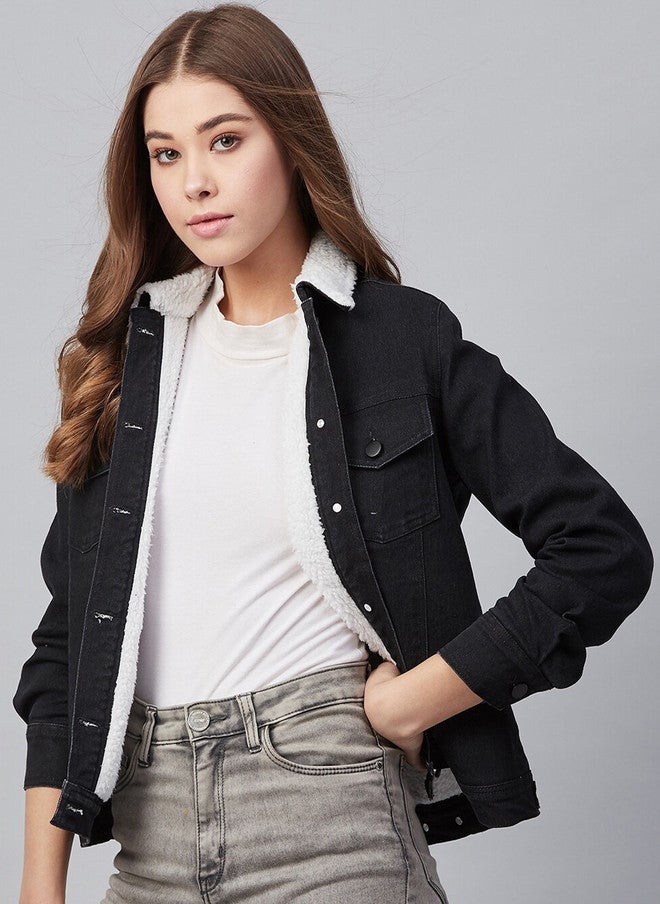 StyleStone Women's Black Denim Jacket with Soft Warm Faux Fur Lining - Image 4