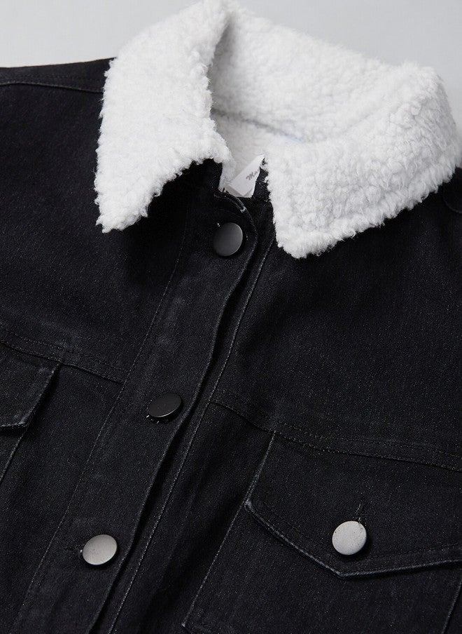StyleStone Women's Black Denim Jacket with Soft Warm Faux Fur Lining - Image 2
