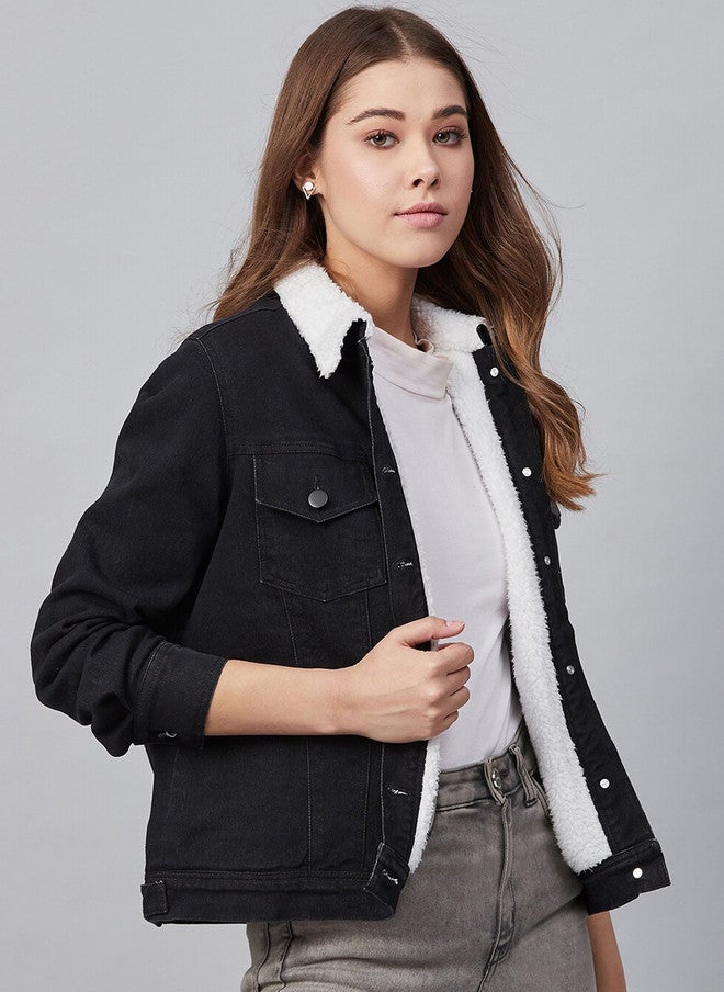 StyleStone Women's Black Denim Jacket with Soft Warm Faux Fur Lining - Image 3