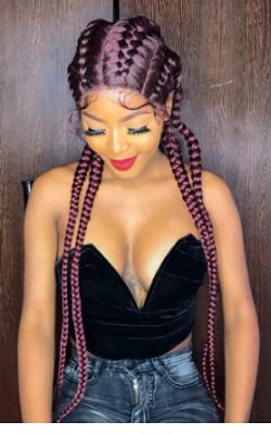 RainaHair 4 Twist Hand Braided Lace Front Wigs 32 Inches 1B# Black Mixed 27# Wig with Baby Hair 100% Hand-Braided Brown for Women (32 Inch) (Red) - Image 3