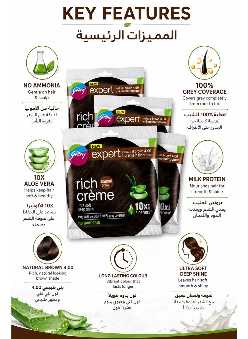 Godrej Expert Rich Crème Hair Colour Natural Brown 4.00 No Ammonia Hair Dye with 10X Aloe Vera & Milk Protein, 100% Grey Coverage, Long Lasting Colour, Ultra Soft Deep Shine – Pack of 4 - Image 2
