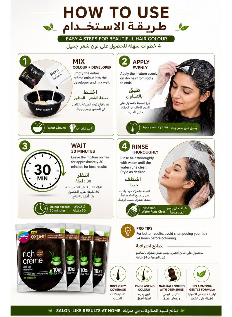 Godrej Expert Rich Crème Hair Colour Natural Brown 4.00 No Ammonia Hair Dye with 10X Aloe Vera & Milk Protein, 100% Grey Coverage, Long Lasting Colour, Ultra Soft Deep Shine – Pack of 4 - Image 5