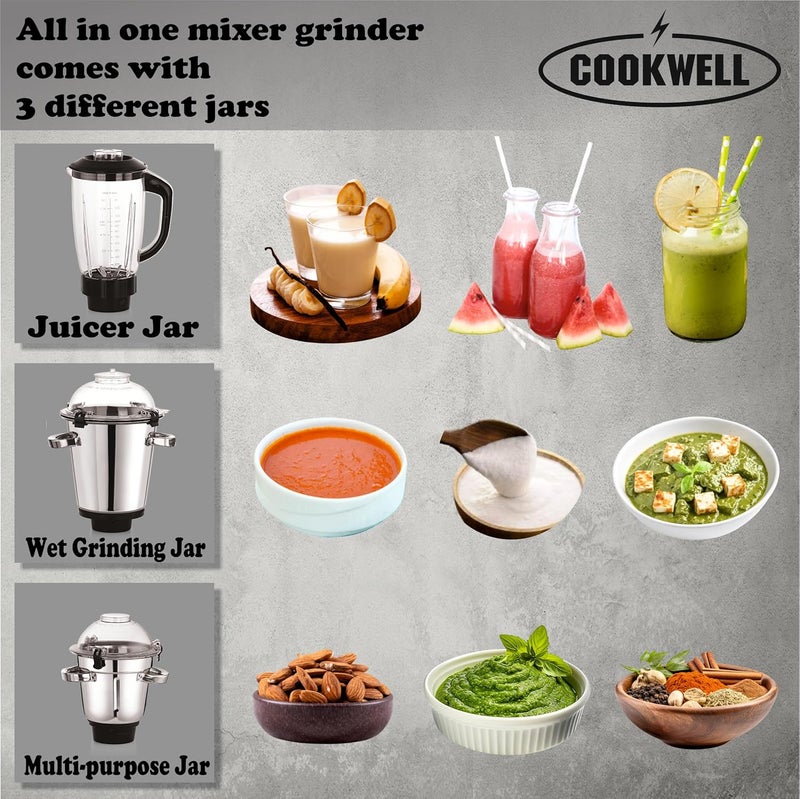 Cookwell Commercial Mixer Grinder 1500 Watt for Cafes Restaurants Hotels Canteens 2HP 3 Jar Black - Image 2
