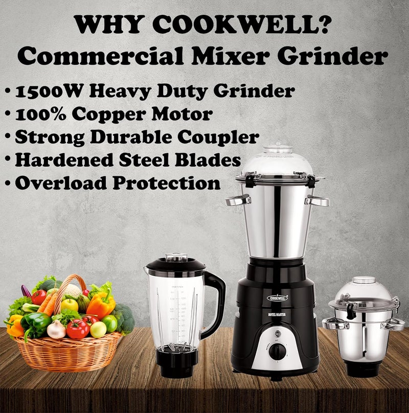 Cookwell Commercial Mixer Grinder 1500 Watt for Cafes Restaurants Hotels Canteens 2HP 3 Jar Black - Image 5