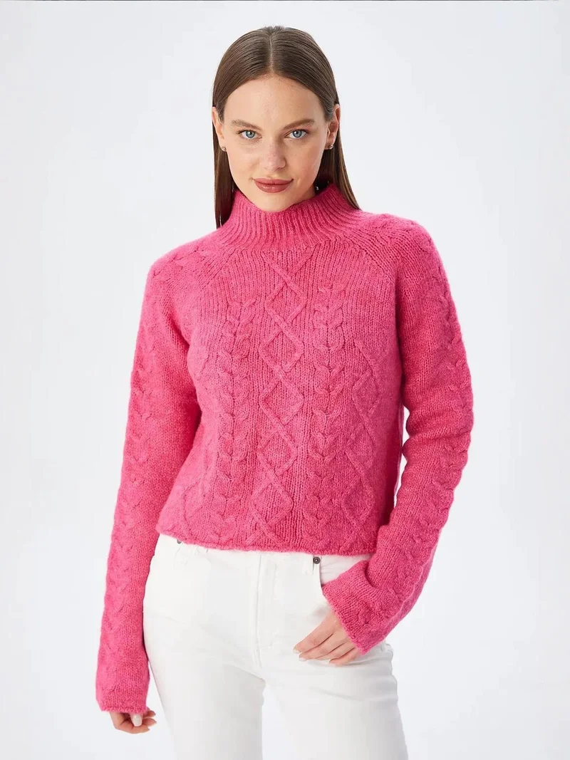 Mixray Neon Pink Mixray Argyle Half-Turtleneck Ribbed Knit Sweater for Women | Best Price UAE