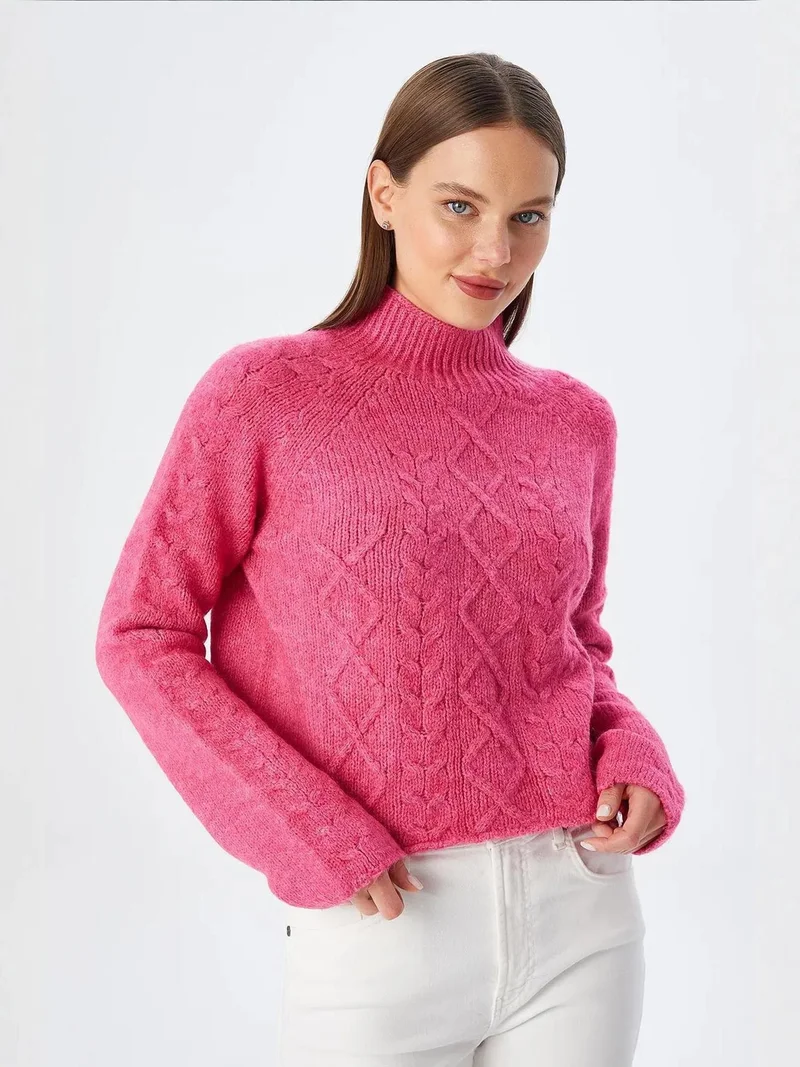 Mixray Neon Pink Mixray Argyle Half-Turtleneck Ribbed Knit Sweater for Women | Best Price UAE