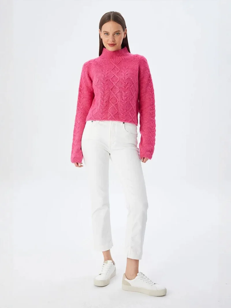 Mixray Neon Pink Mixray Argyle Half-Turtleneck Ribbed Knit Sweater for Women | Best Price UAE