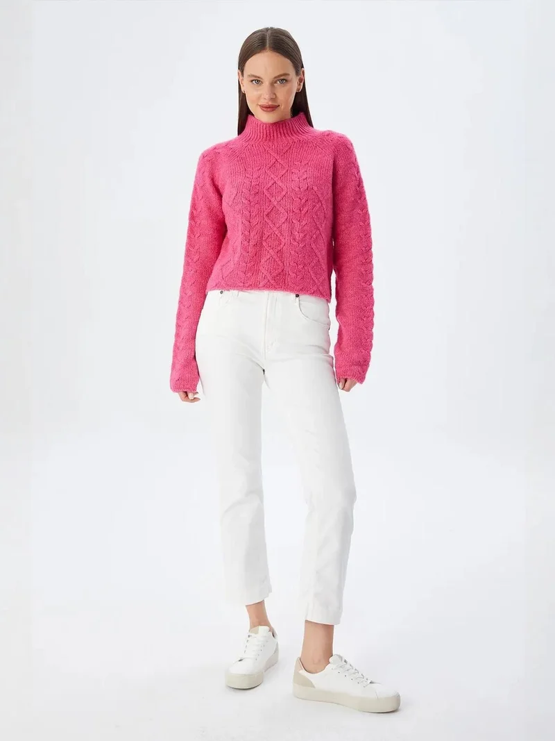 Mixray Neon Pink Mixray Argyle Half-Turtleneck Ribbed Knit Sweater for Women | Best Price UAE