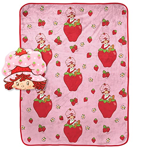 Strawberry Shortcake Pink Strawberries Galore Nogginz Set - 40 x 50 Inch Blanket & Pillow, Kids Super Soft 2 Piece Set - Image 1