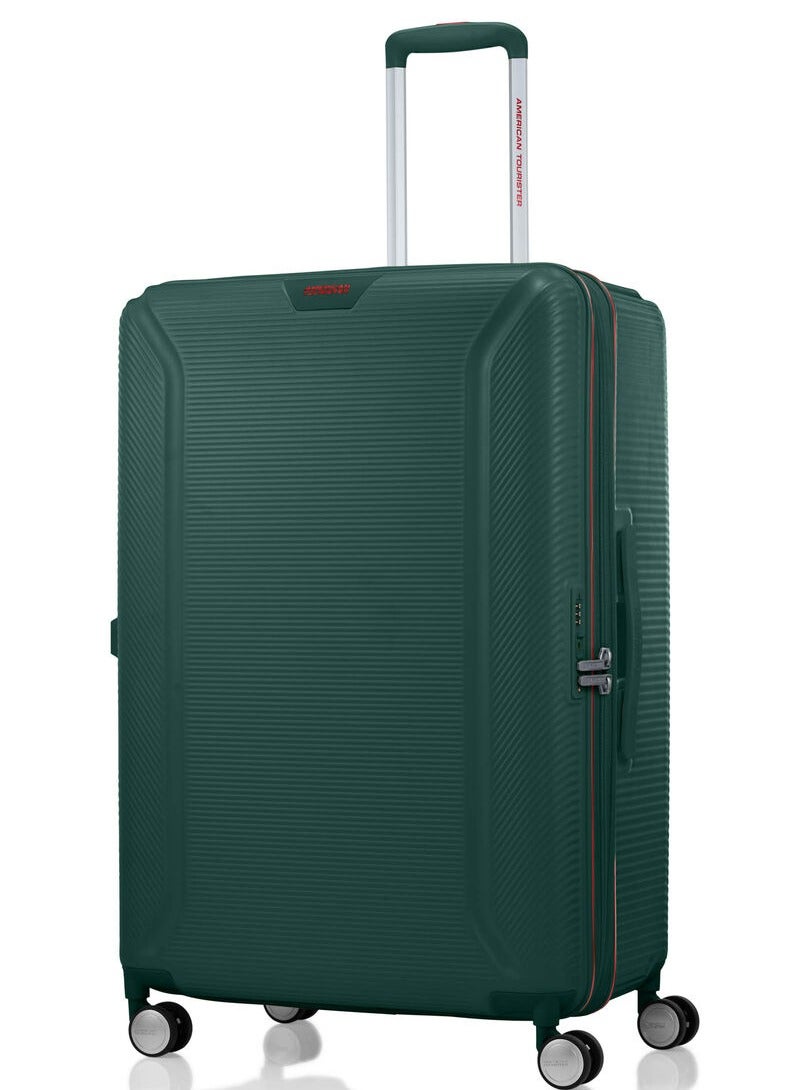 AMERICAN TOURISTER Robotech Suitcase, Check-In Size 77 cm / 28 inch, 4 Spinner Wheels, Hard Top, Polycarbonate, Dark Green TSA Lock|DuoSaf™ Security Zipper|PlentiVol™ Maximum Volume|Expandable - 3 Years International Warranty - Image 1