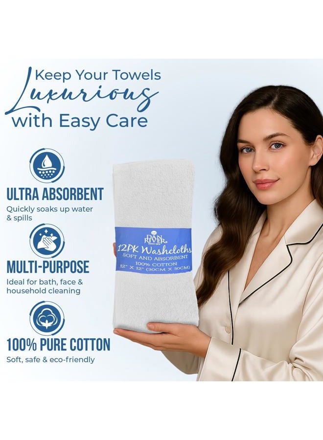 Dan River Washcloths - 12 Pack, 12x12 Inches, 400 GSM, White, 100% Cotton, Soft & Highly Absorbent Wash Cloths for Face and Body, Perfect for Bathroom, Makeup Removal, and Everyday Use - Image 4