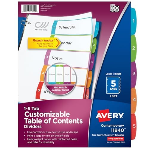 Avery® Ready Index® 1-5 Tab With Customizable Table Of Contents Binder Dividers, 8-1/2" x 11", 5 Tab, White/Multicolor, 1 Set - Image 1