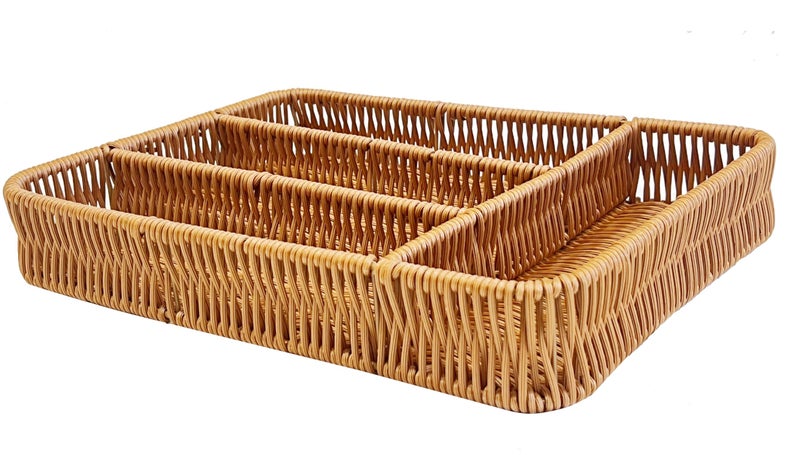 PAUL SONS Hospitality Organizer Rattan Partation Basket For Forks and Knives Flatware Rectangular Basket Storage Tray Cutlery Size: 12.5"L x 9.5"B x 2"H (Pack of 1Pc) - Image 1
