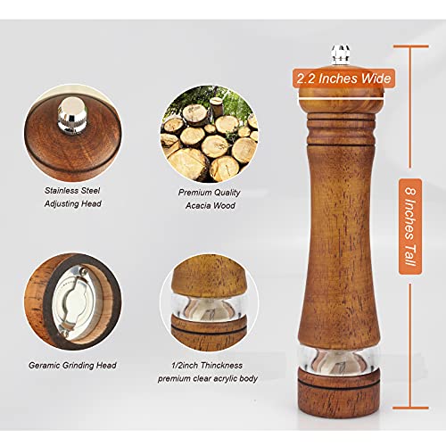 Haomacro Pepper Grinder, Wood Salt and Pepper Mills Set, Classic Manual Spice Grinder Refillable Salt Mill Sets with Acrylic Visible Window Adjustable Ceramic Grinding Rotor 8 inch 2 Pack - Image 4