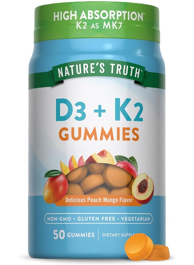 Nature's Truth Nature's Truth Vitamin K2 + D3 Gummy Complex | 50 Count | Vegetarian, Non-GMO & Gluten Free Supplement | Natural Peach Mango Flavor  - Image 1