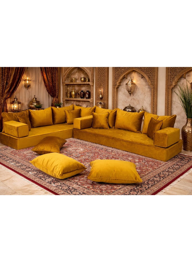 اكس بوت طقم أريكة مقطعية مودولار مع عثمانية ووسائد أرضية، مخمل بلون ذهبي خردلي، بتصميم مغربي. - Image 2